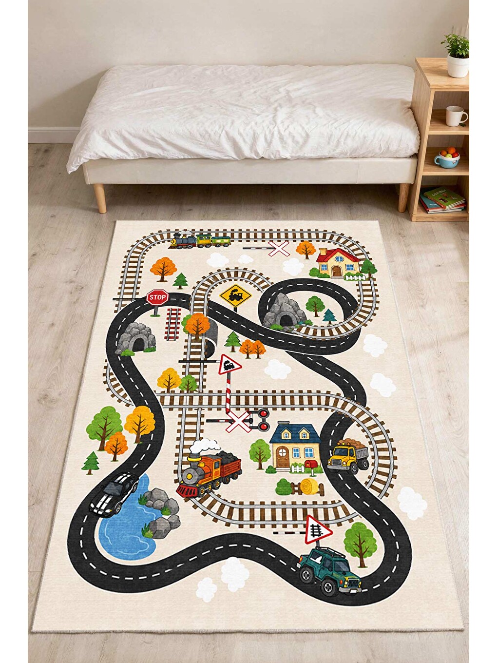 Ekru Modern Çocuk Halısı Kaymaz Tabanlı Makinede Yıkanabilir Çocuk Odası Halısı-2