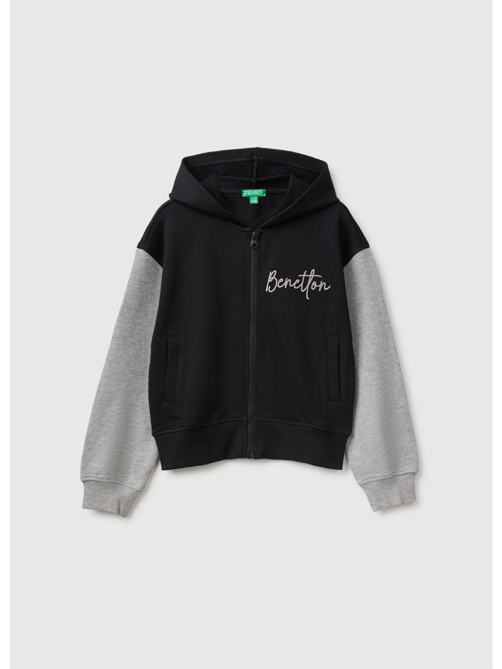 Kız Çocuk Siyah Önü İşlemeli Ribanalı Cepli Kapüşonlu Fermuarlı Sweatshirt