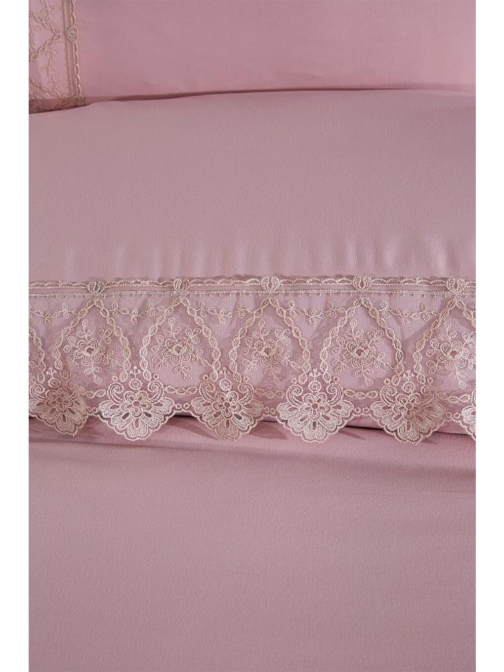 Pembe Fransız Dantelli Nadire Çeyizlik Nevresim Takımı Pudra-1