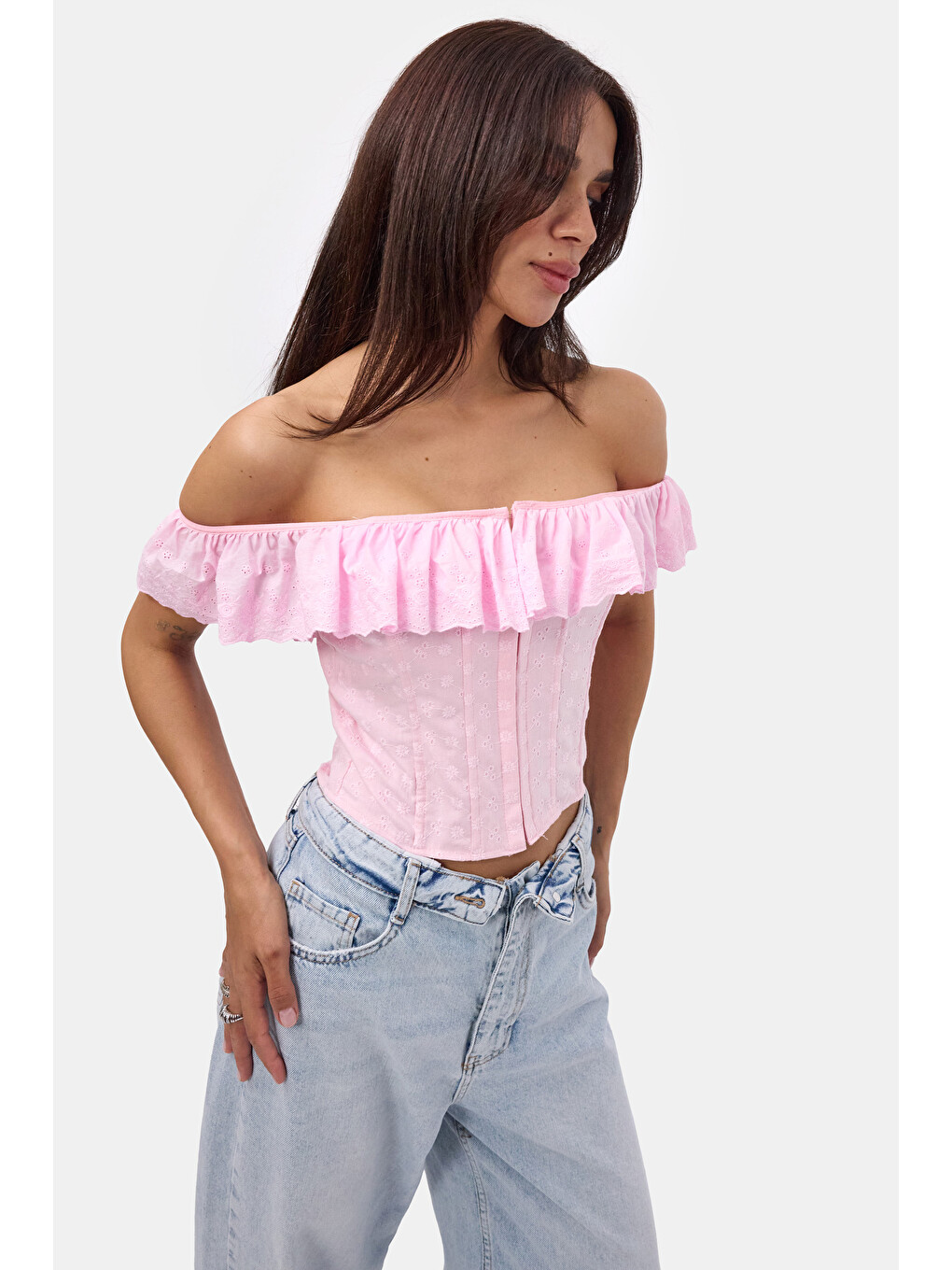 Kadın Pembe Balenli Bağcıklı Özel Tasarım Straplez Büstiyer-4