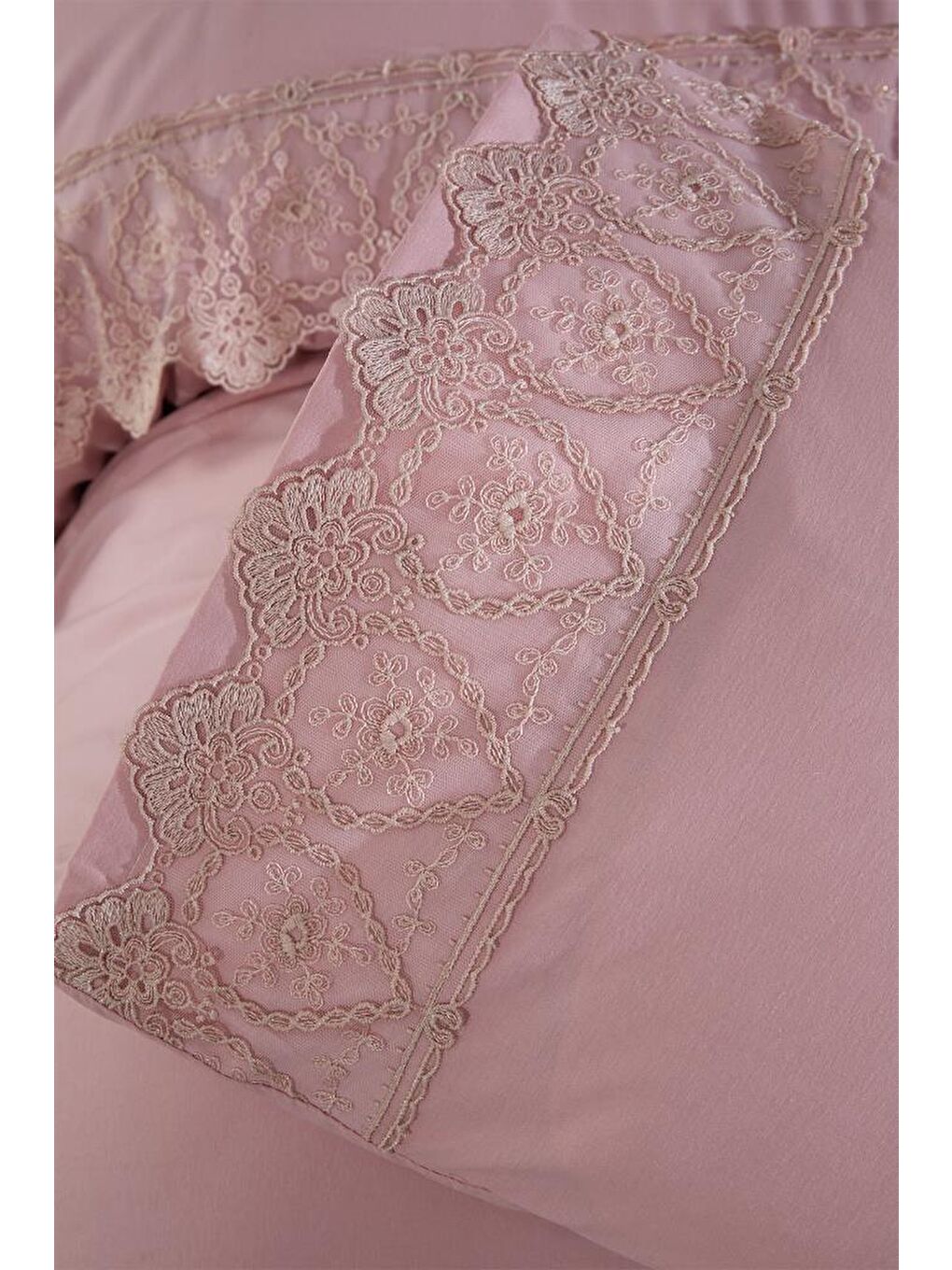 Pembe Fransız Dantelli Nadire Çeyizlik Nevresim Takımı Pudra-3