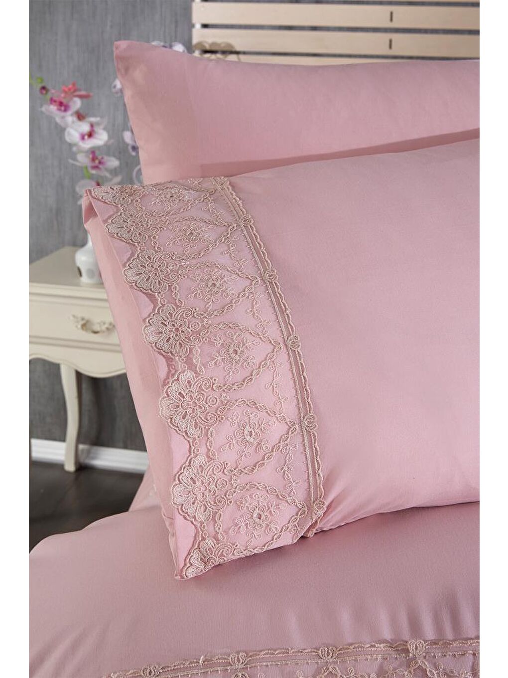 Pembe Fransız Dantelli Nadire Çeyizlik Nevresim Takımı Pudra-5