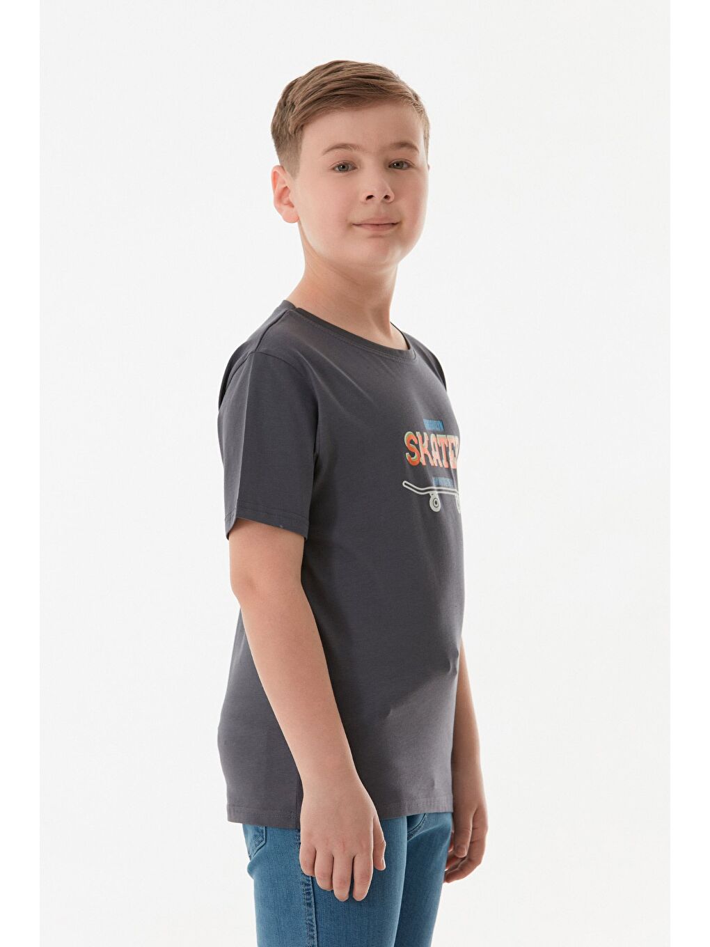 Antrasit Skater Yazı Baskılı Erkek Çocuk Tişört-4