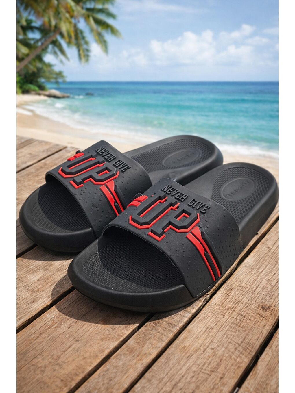 Siyah NEVER GIVE UP Erkek Terlik Deniz Plaj Havuz Terliği Banyo Bahçe Balkon Hastane Ev Terliği