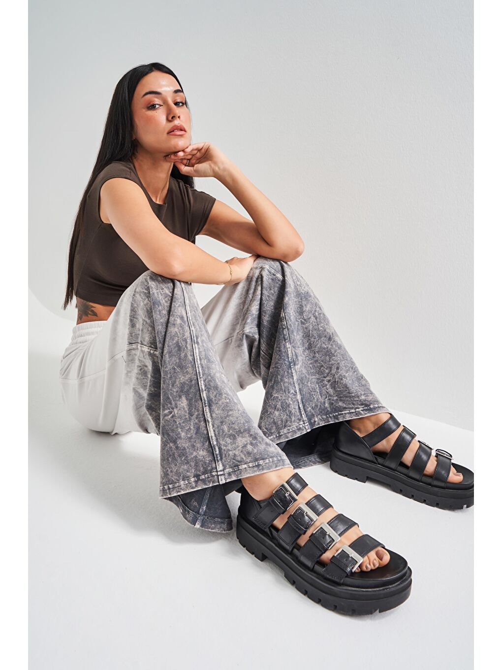 Kadın Ekru Renk Özel Yıkamalı Palazzo Fit Tasarım Örme Eşofman Pantolon-2