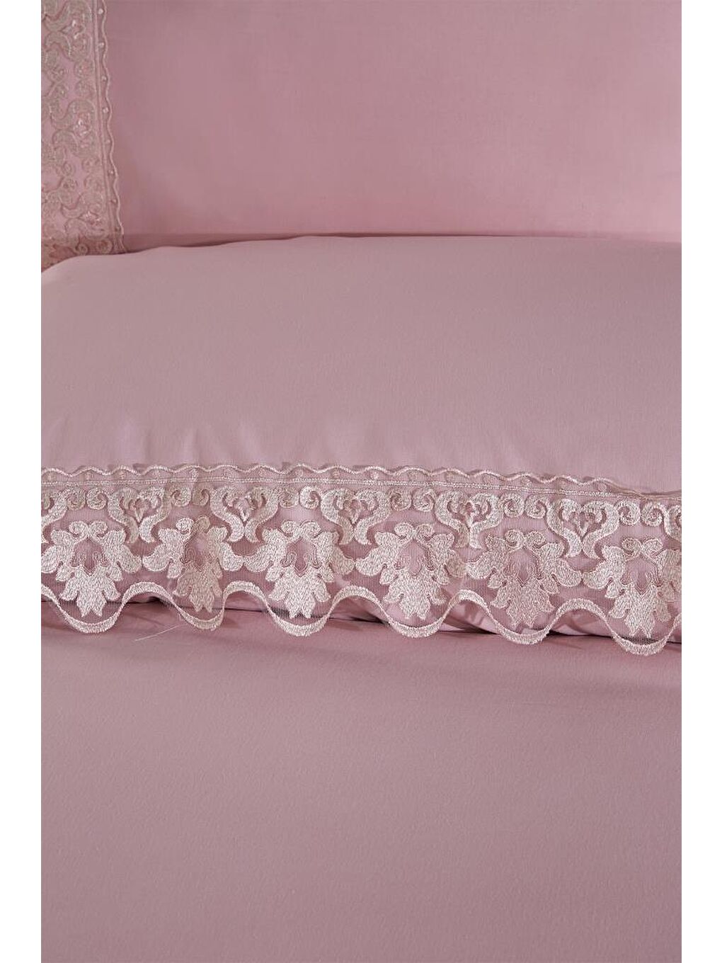 Pembe Fransız Dantelli Neriman Çeyizlik Nevresim Takımı Pudra-1