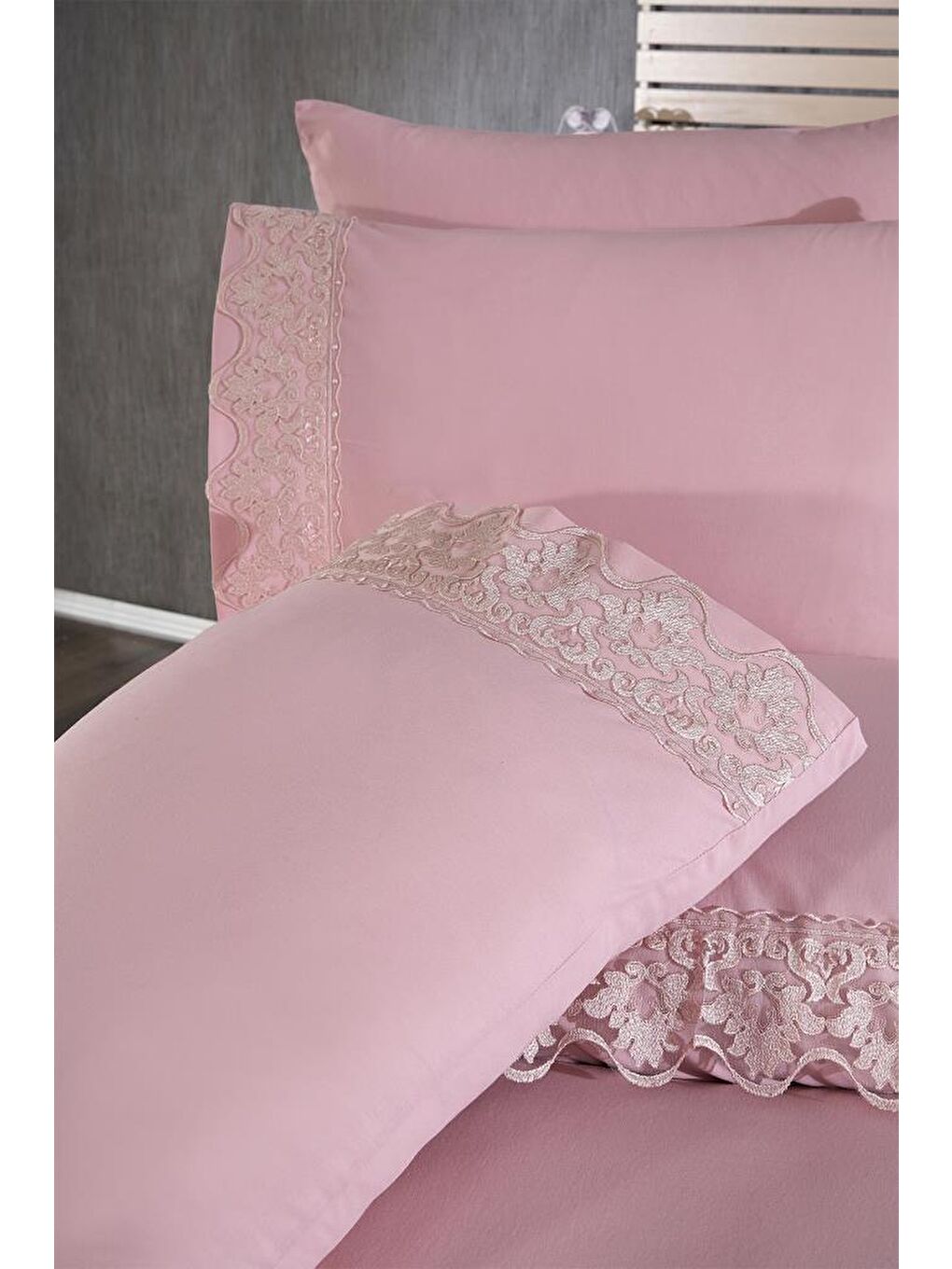 Pembe Fransız Dantelli Neriman Çeyizlik Nevresim Takımı Pudra-2