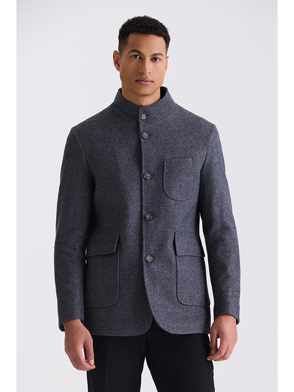 Antrasit Slim Fit Hakim Yaka Yünlü Spor Kaşe Kaban