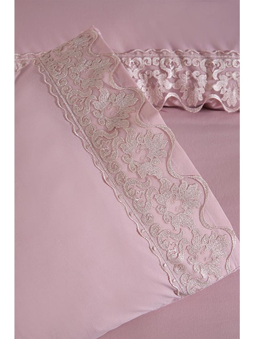 Pembe Fransız Dantelli Neriman Çeyizlik Nevresim Takımı Pudra-4