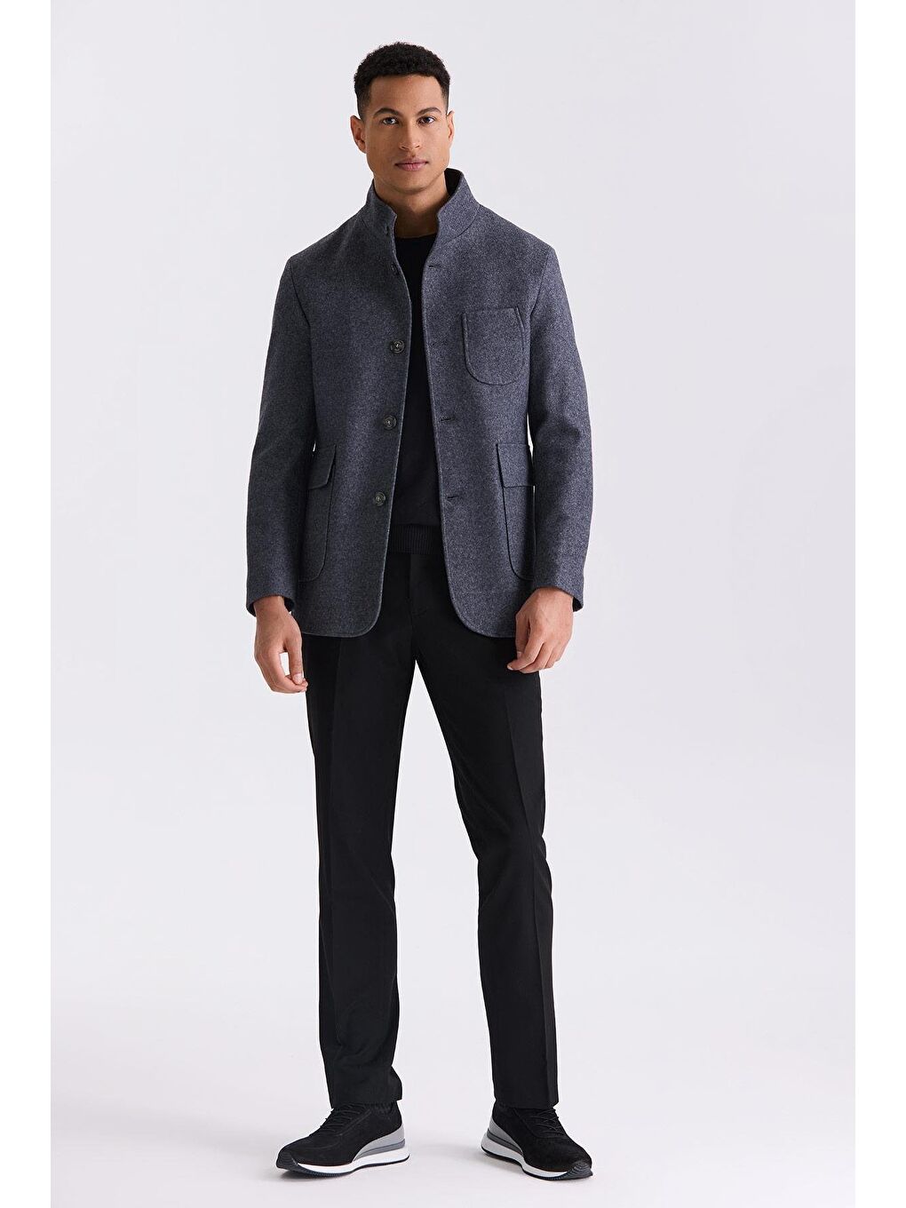 Antrasit Slim Fit Hakim Yaka Yünlü Spor Kaşe Kaban-1