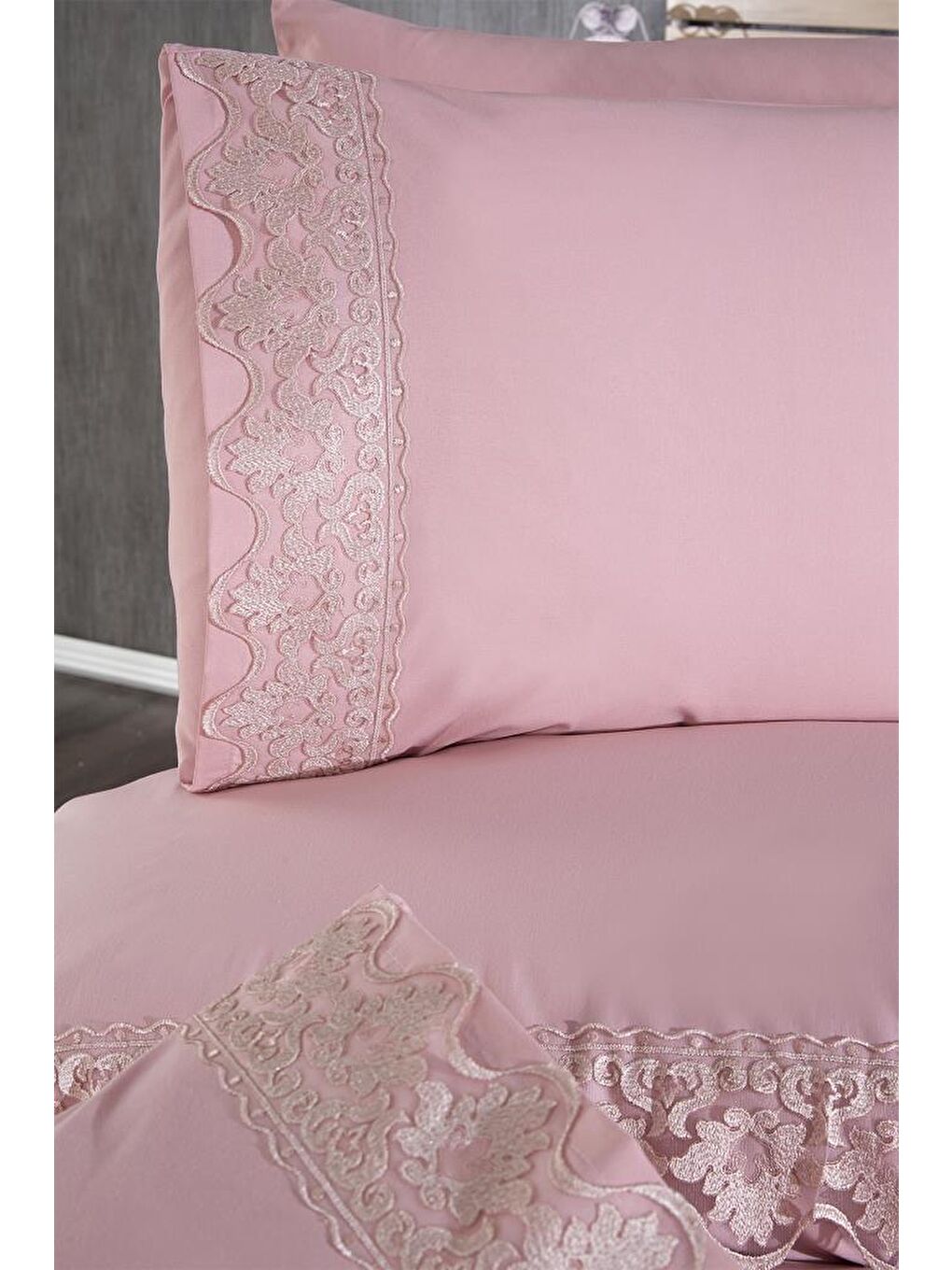 Pembe Fransız Dantelli Neriman Çeyizlik Nevresim Takımı Pudra-5