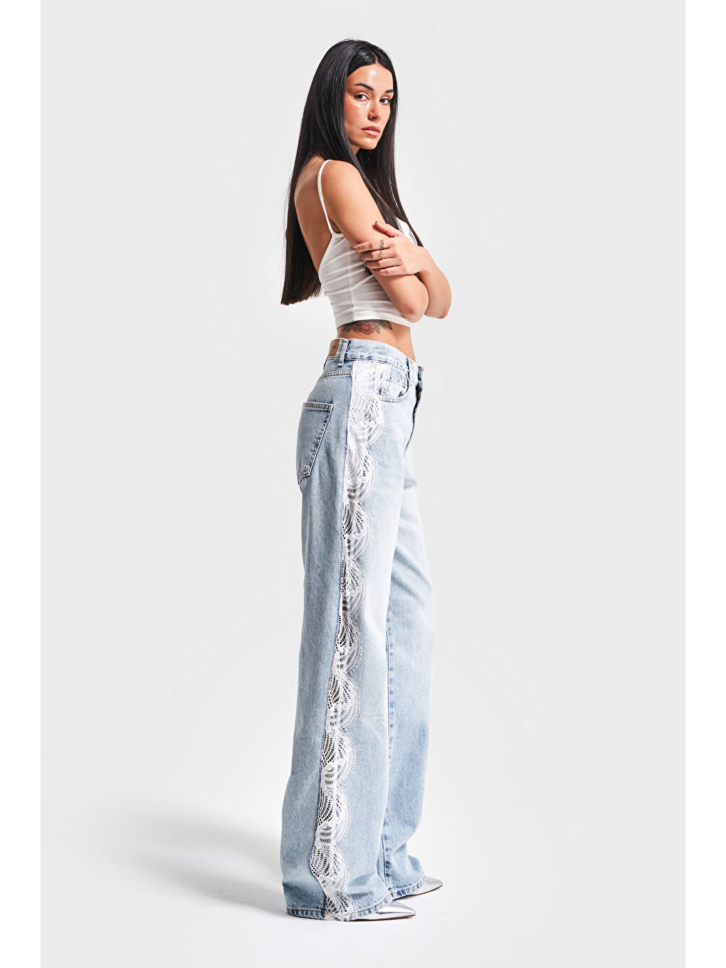 Mavi Kadın Snow Jean Rengi 4S5-3 Loose Fit Yanı Dantelli %100 Pamuk Tasarım Denim Jean-2