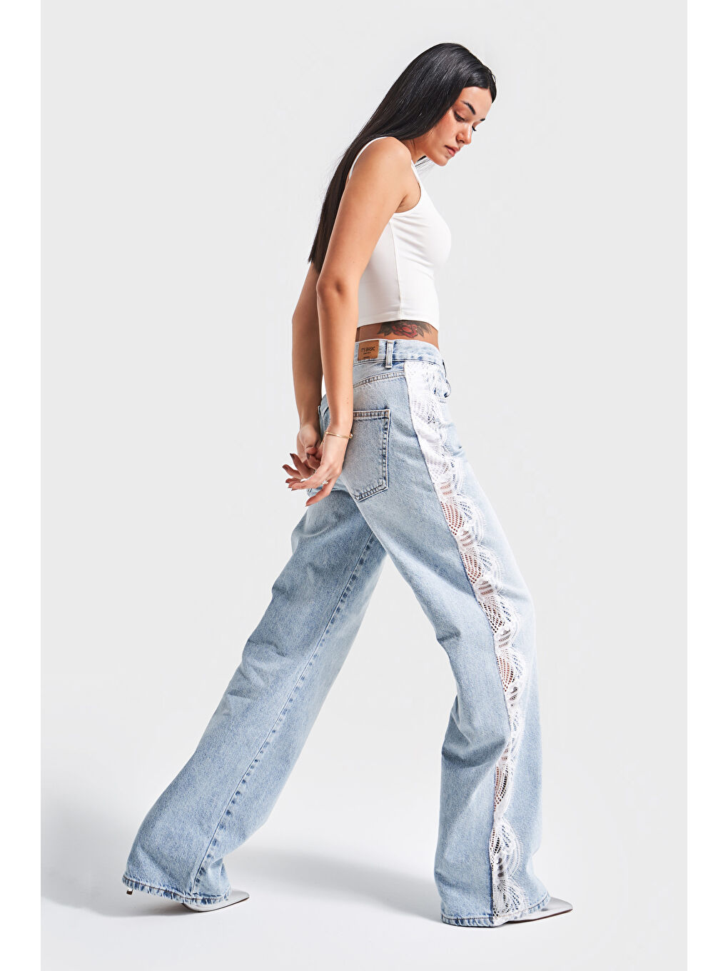 Mavi Kadın Snow Jean Rengi 4S5-3 Loose Fit Yanı Dantelli %100 Pamuk Tasarım Denim Jean-5