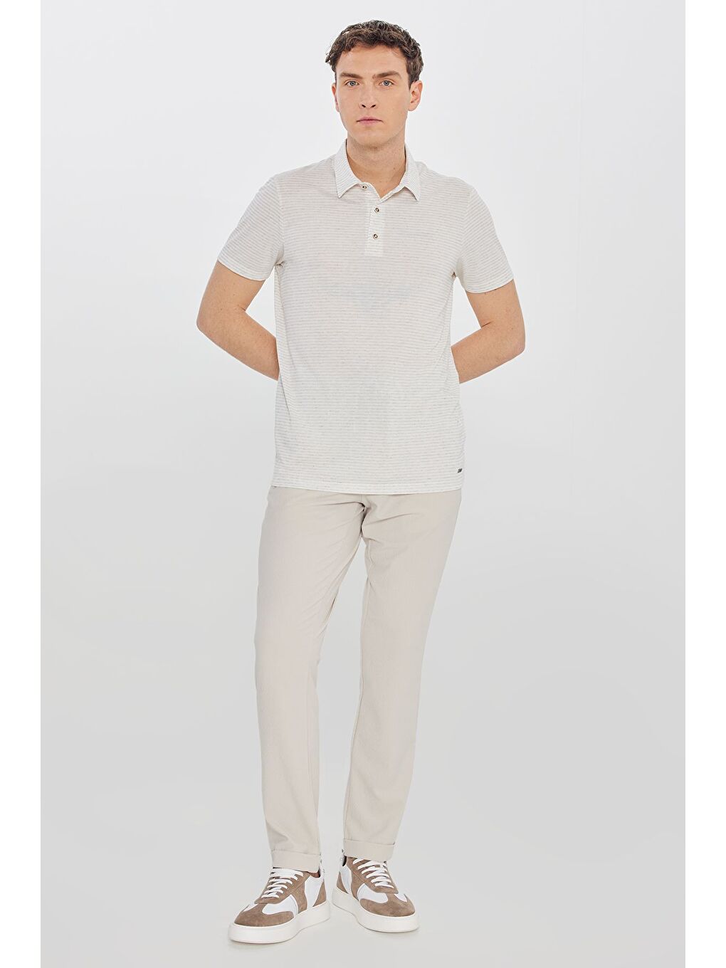 Erkek Bej Keten Standart Fit Normal Kesim Polo Yaka Çizgili Tişört-1