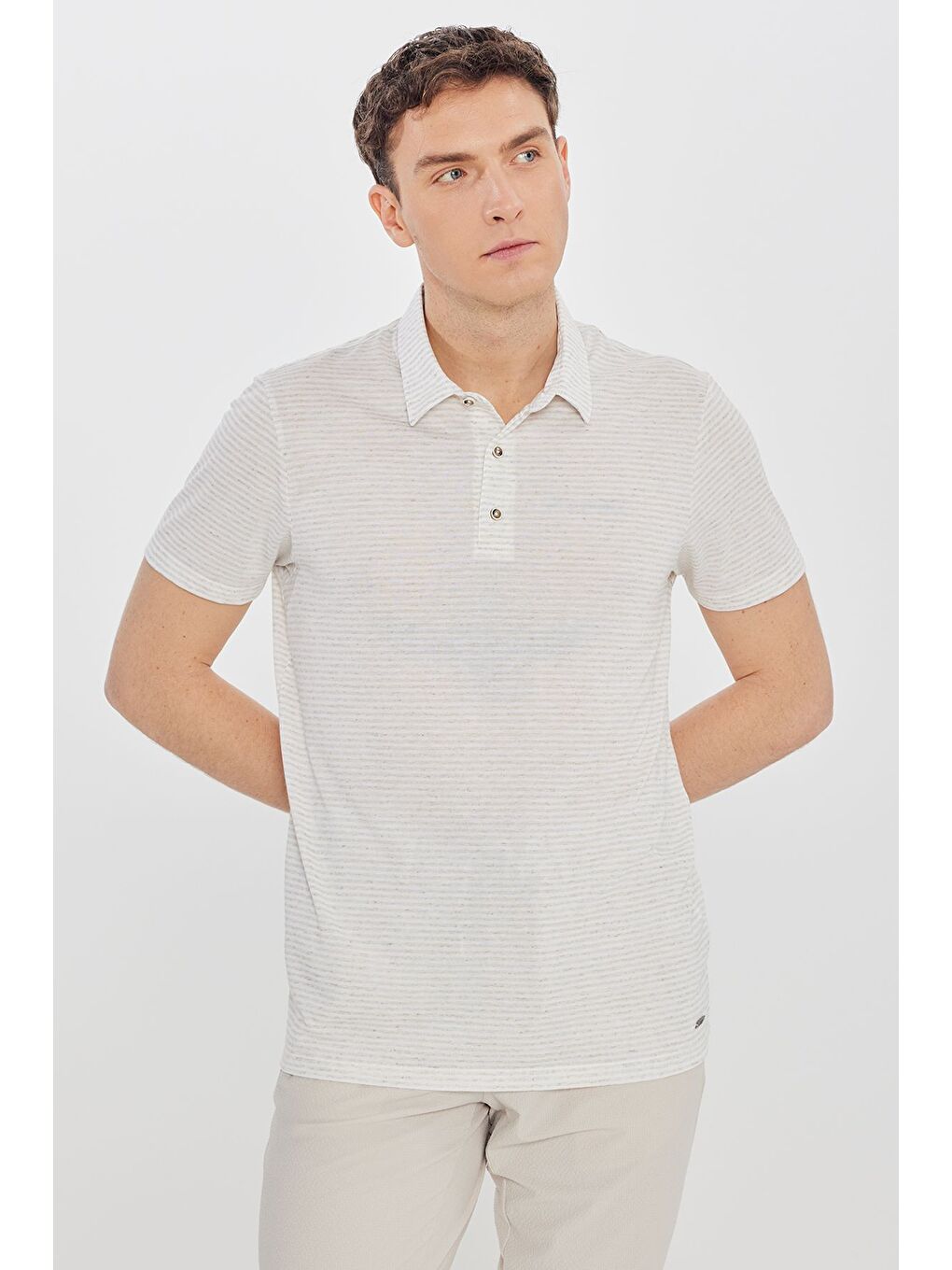 Erkek Bej Keten Standart Fit Normal Kesim Polo Yaka Çizgili Tişört-2