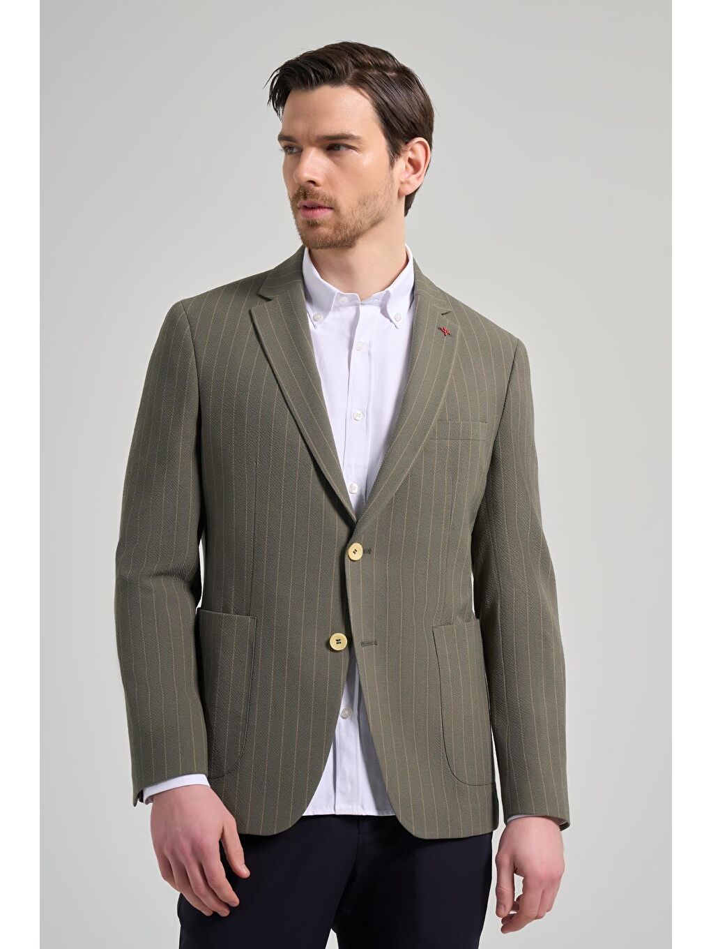 Haki Çizgili Desen Gofreli Mono Yaka Malzemesiz Esnek 6 Drop Slim Fit Ceket 1002250122