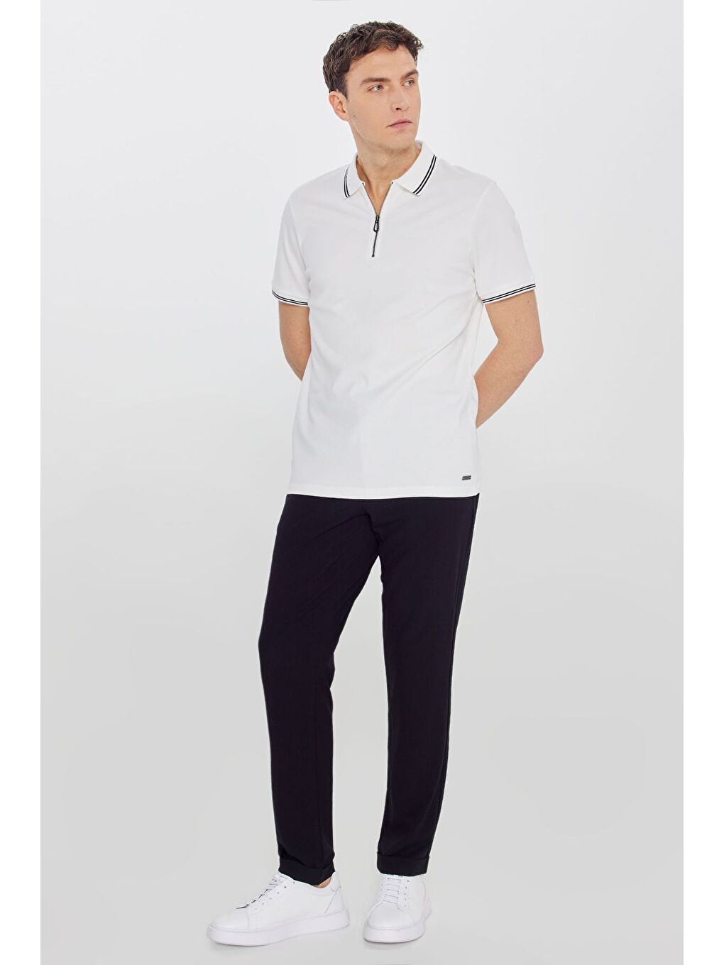 Erkek Ekru %100 Pamuk Slim Fit Dar Kesim Polo Yaka Tişört-1