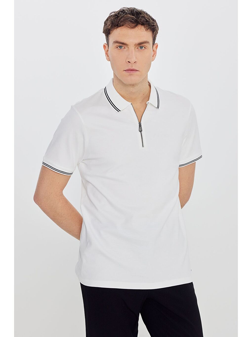 Erkek Ekru %100 Pamuk Slim Fit Dar Kesim Polo Yaka Tişört-2