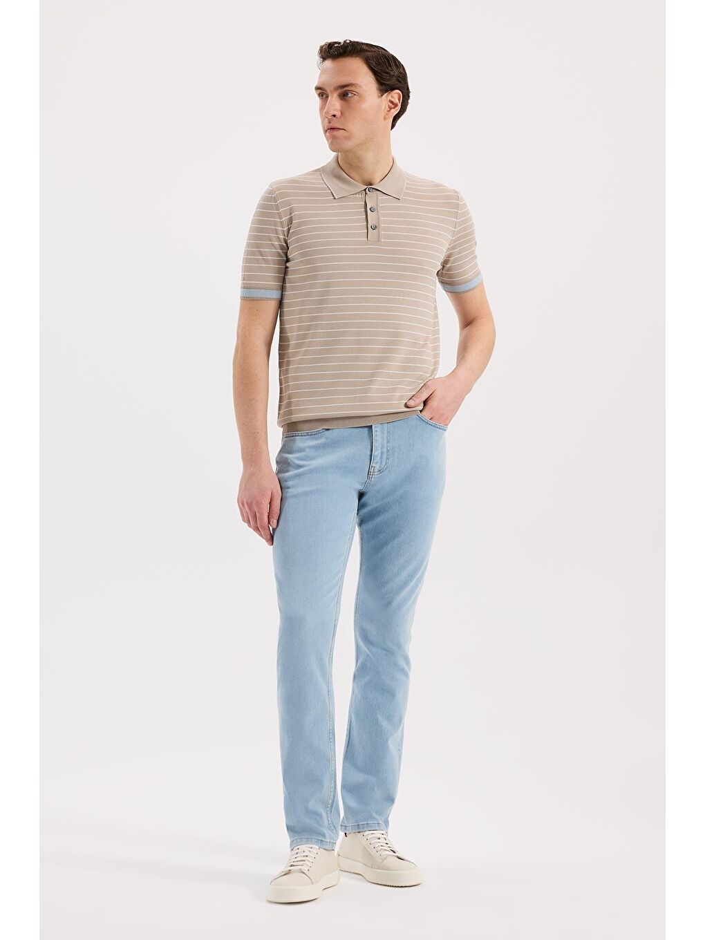 Bej Slim Fit Çizgili Rayon Polo Yaka T-Shirt-1