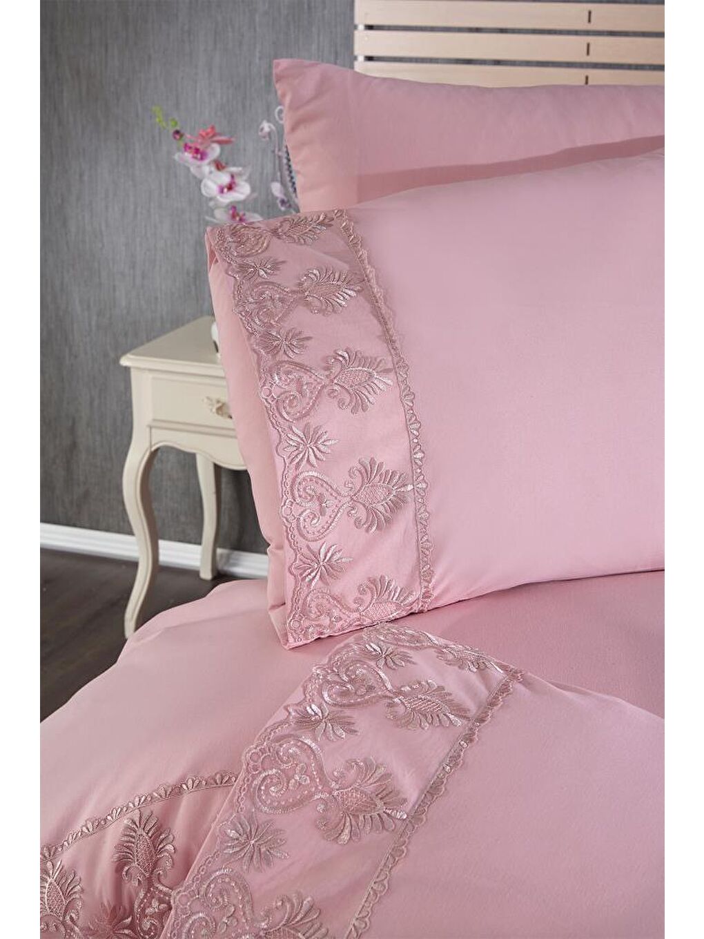 Pembe Fransız Dantelli Öykü Çeyizlik Nevresim Takımı Pudra-2