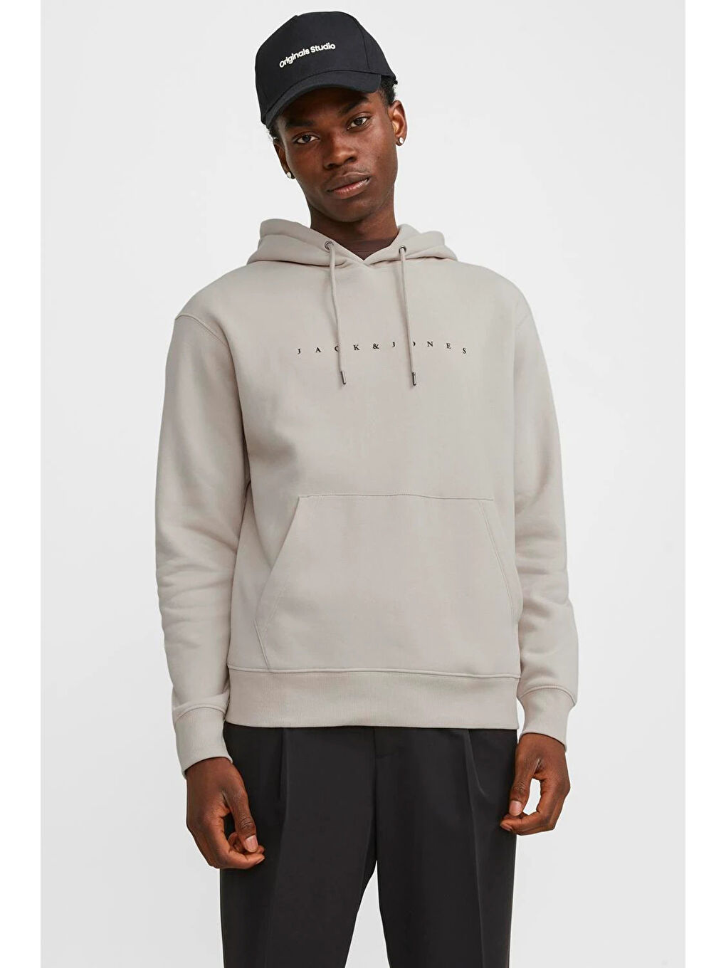 Jack & Jones Taş Gri Essentials Jjestar Kapüşonlu Cepli Relaxed Fit Erkek Sweat