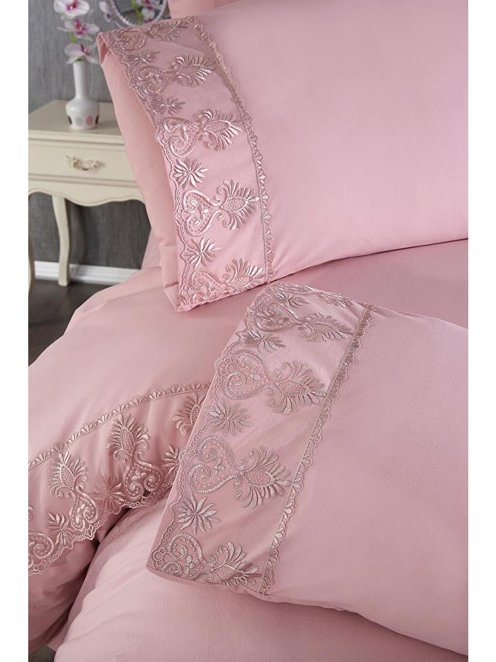 Pembe Fransız Dantelli Öykü Çeyizlik Nevresim Takımı Pudra-3