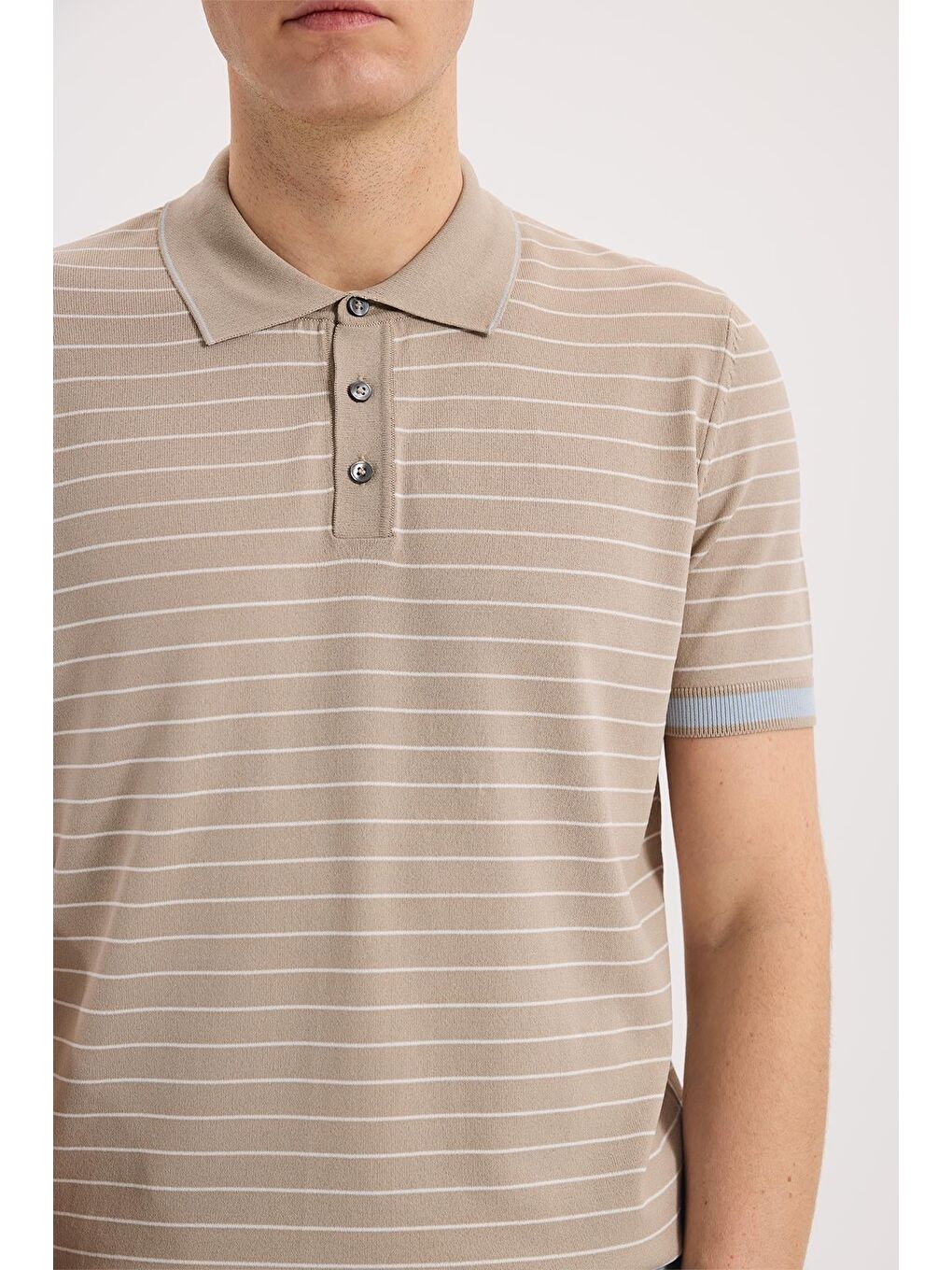 Bej Slim Fit Çizgili Rayon Polo Yaka T-Shirt-2