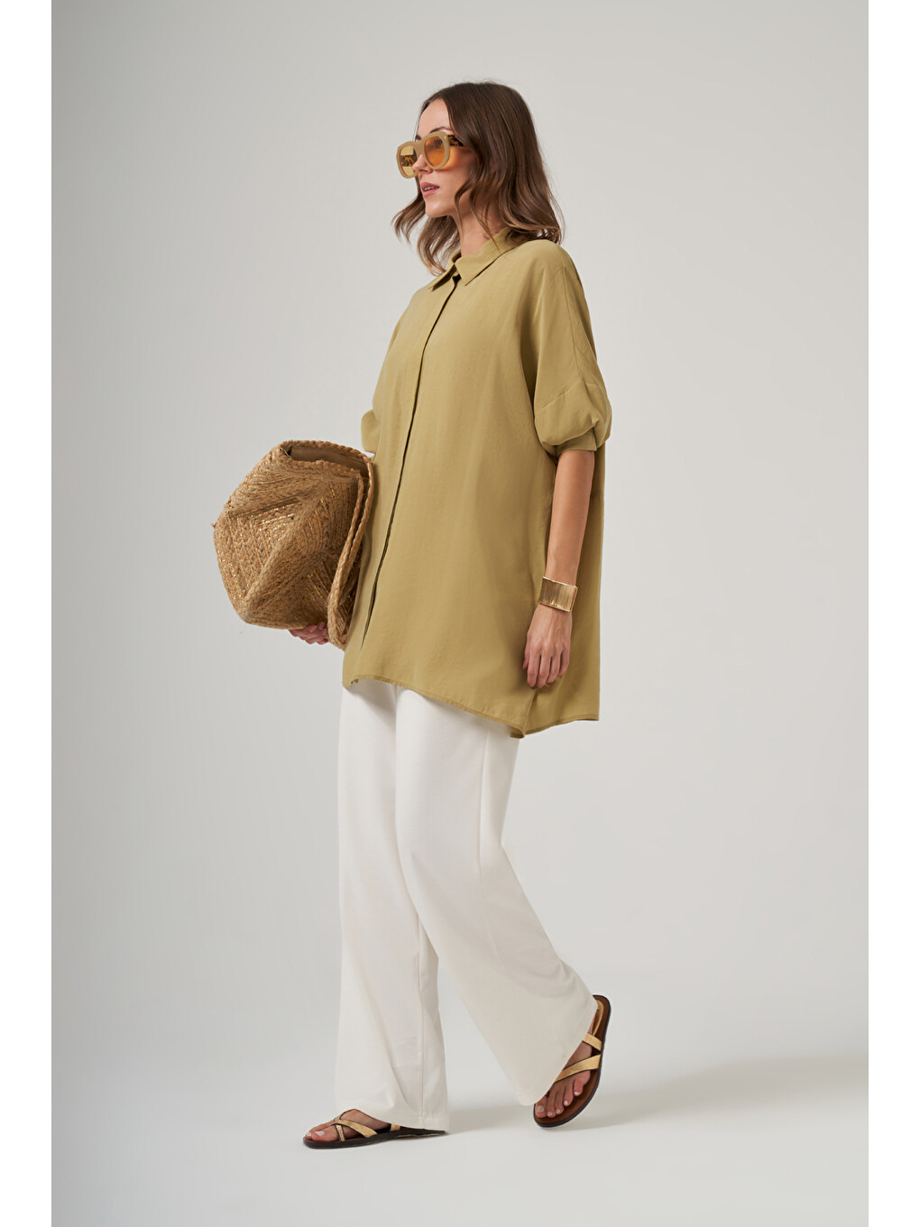 Yeşil Oversize Basic Yazlık Gömlek 3001 Oliv-1