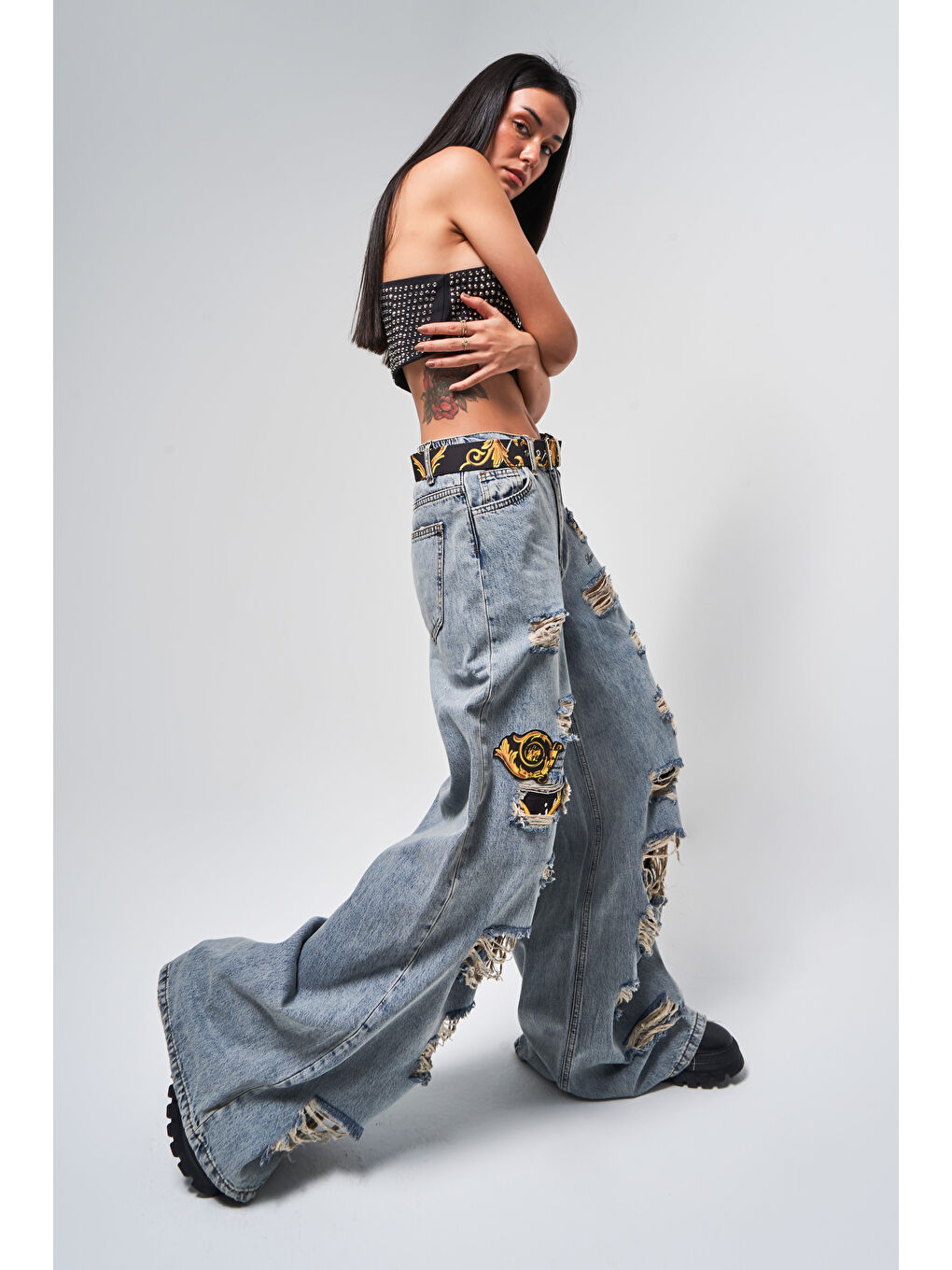 Mavi Kadın Jean Rengi Yırtık Detaylı Kemerli Tasarım Palazzo Fit Denim Jean-1