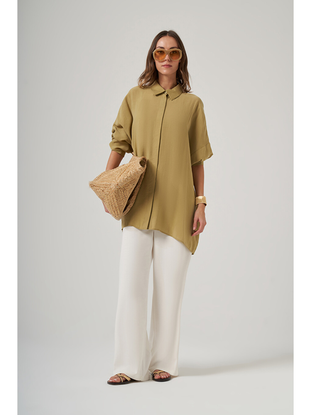 Yeşil Oversize Basic Yazlık Gömlek 3001 Oliv-2
