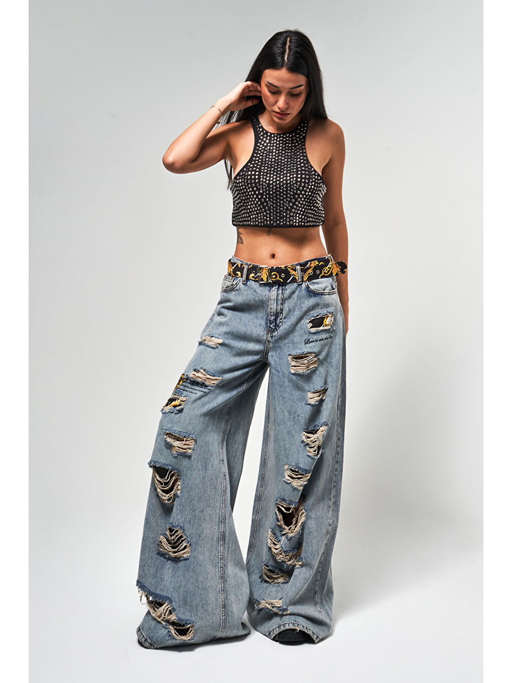 Mavi Kadın Jean Rengi Yırtık Detaylı Kemerli Tasarım Palazzo Fit Denim Jean-3