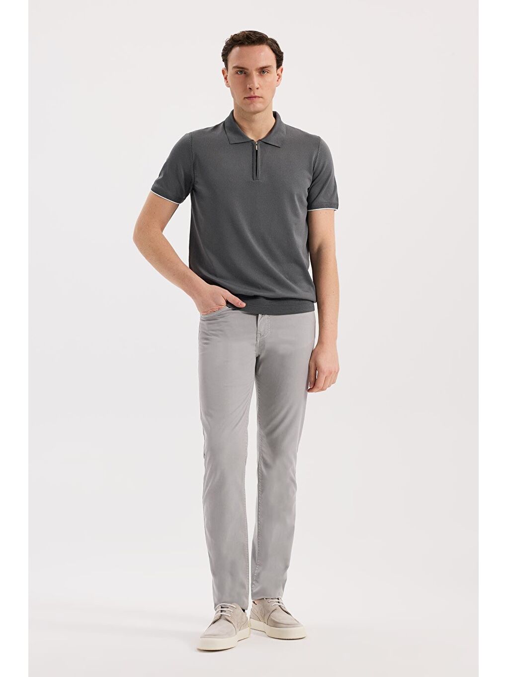 Gri Füme Slim Fit Triko Fermualı Polo Yaka T-Shirt-1
