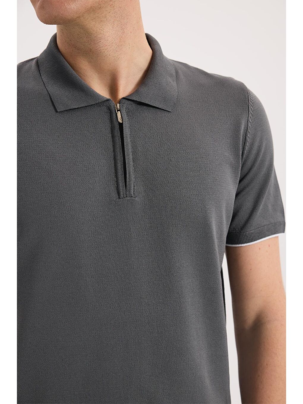 Gri Füme Slim Fit Triko Fermualı Polo Yaka T-Shirt-2