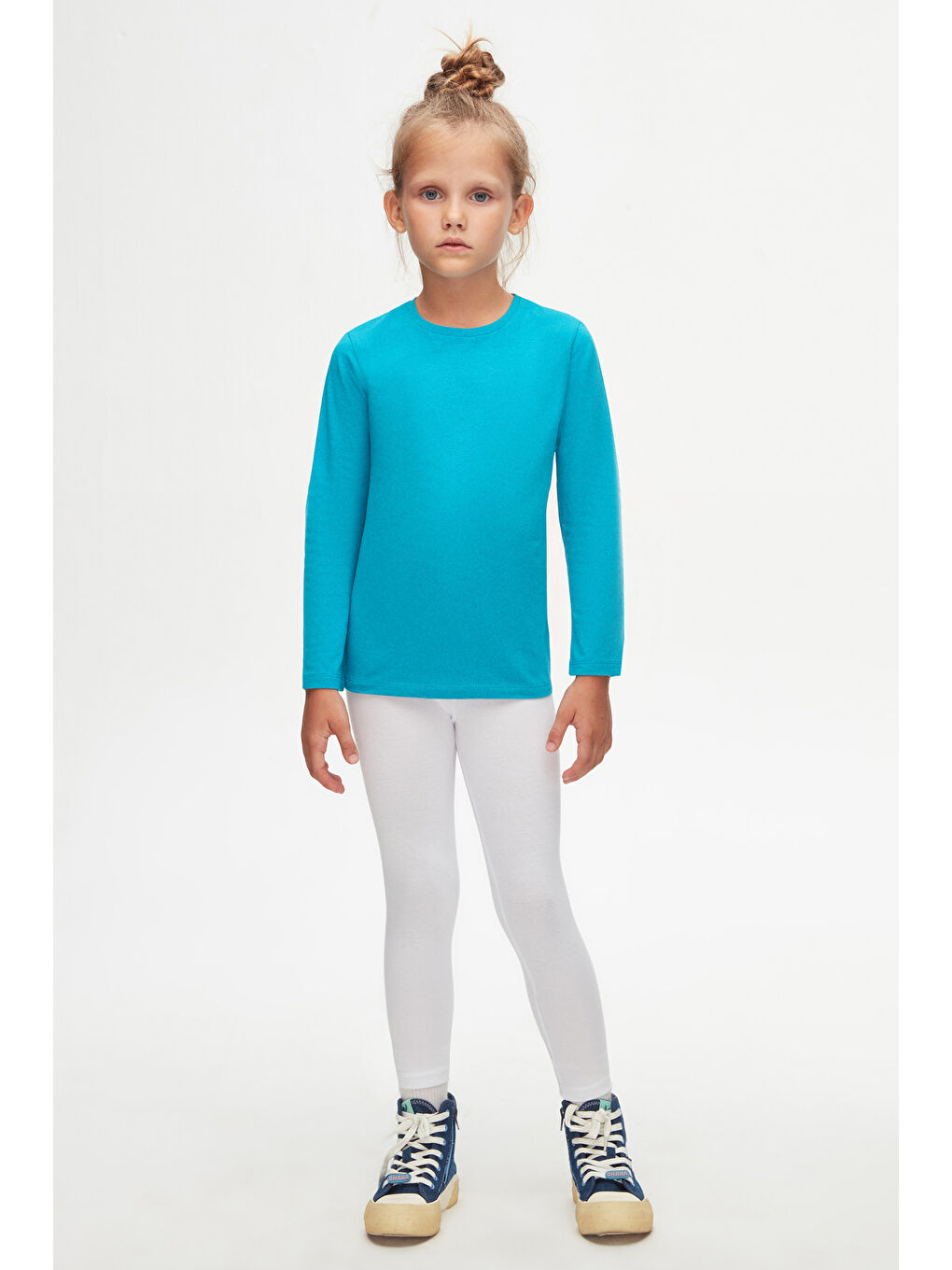 Koyu Turkuaz Basic Unisex Çocuk Mevsimlik Sıfır Yaka Uzun Kollu Tişört