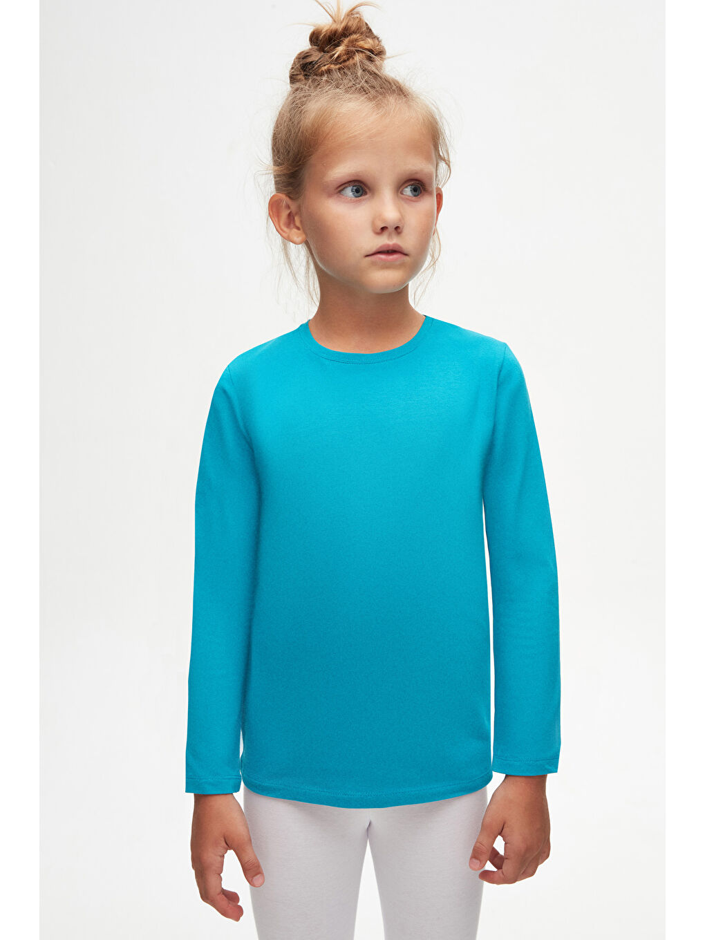 Koyu Turkuaz Basic Unisex Çocuk Mevsimlik Sıfır Yaka Uzun Kollu Tişört-1