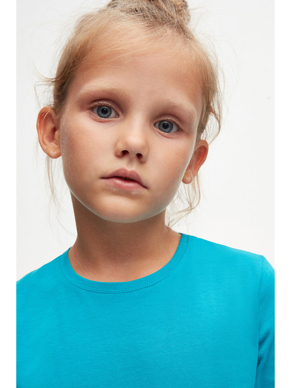 Koyu Turkuaz Basic Unisex Çocuk Mevsimlik Sıfır Yaka Uzun Kollu Tişört-2