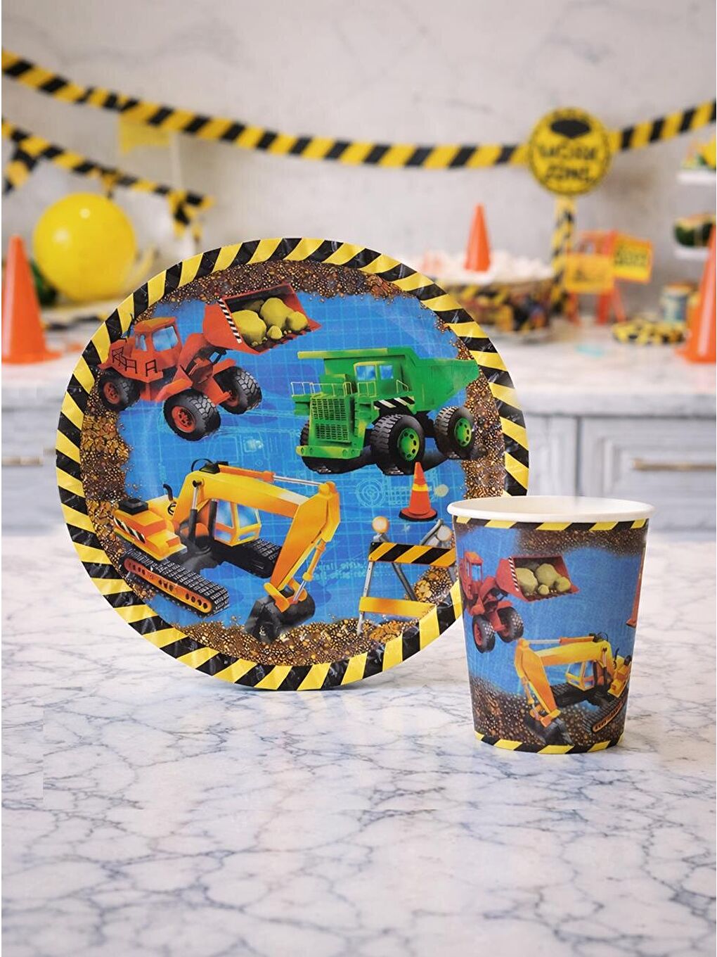 Sarı İnşaat Konsept Karton Tabak Bardak Set