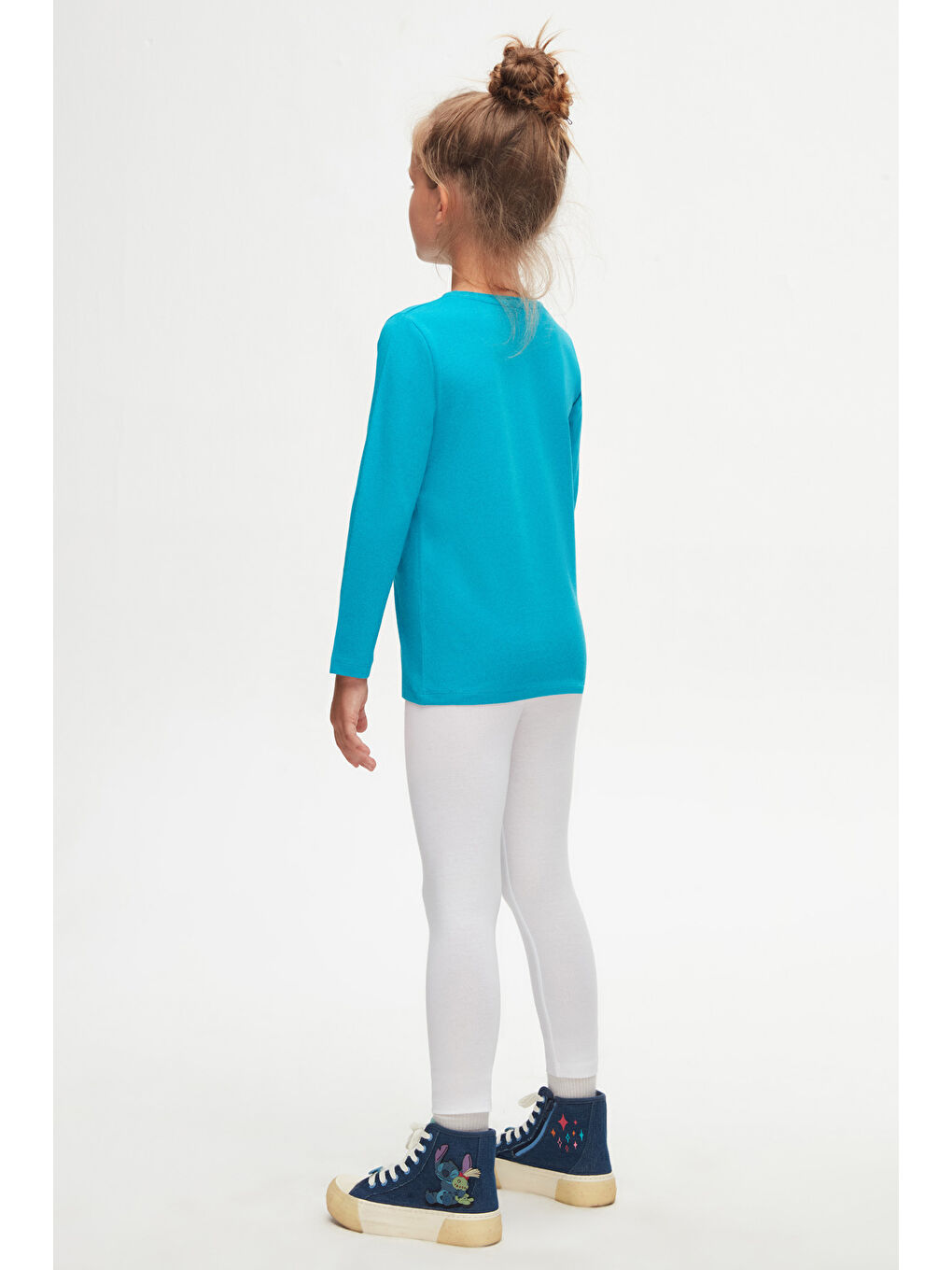 Koyu Turkuaz Basic Unisex Çocuk Mevsimlik Sıfır Yaka Uzun Kollu Tişört-3