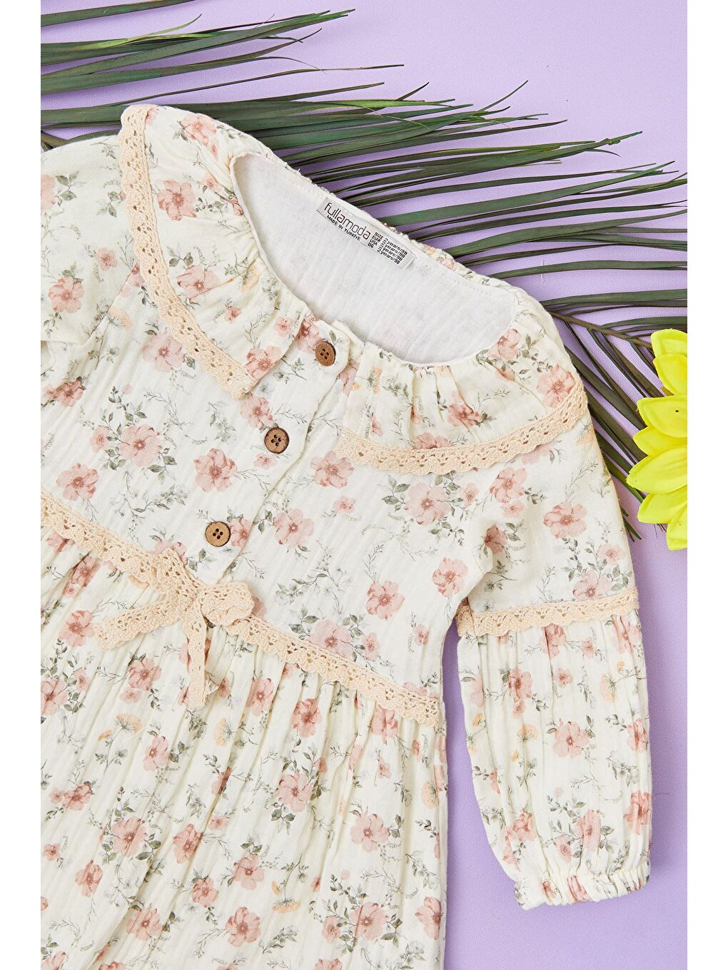 Pembe %100 Pamuk Dantelli Bebe Yaka Kız Çocuk Elbise-1