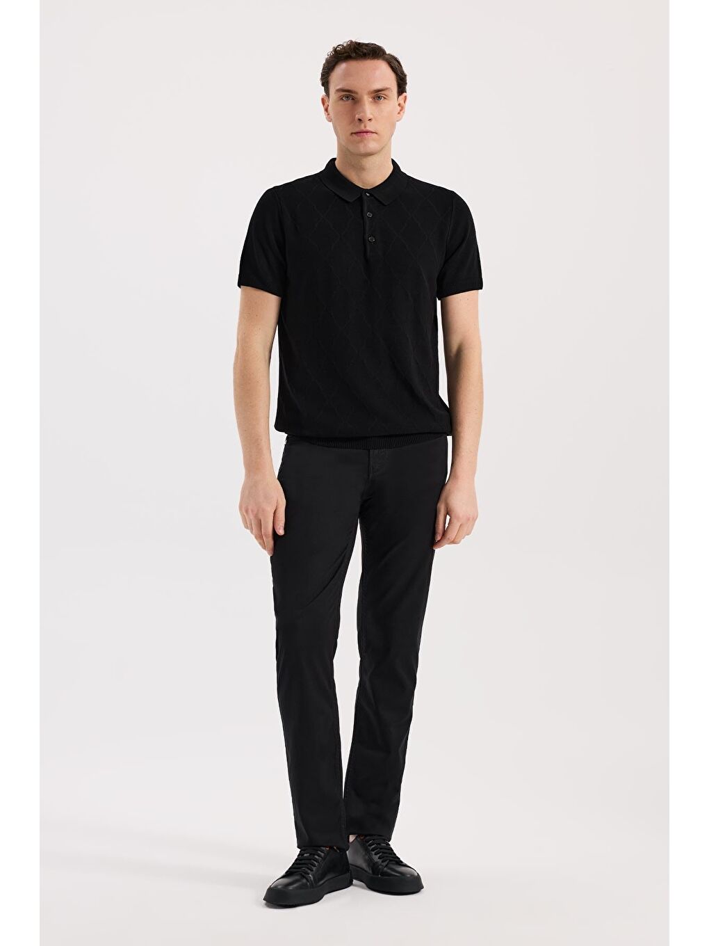 Siyah Slim Fit Desenli Triko Polo Yaka T-Shirt-1