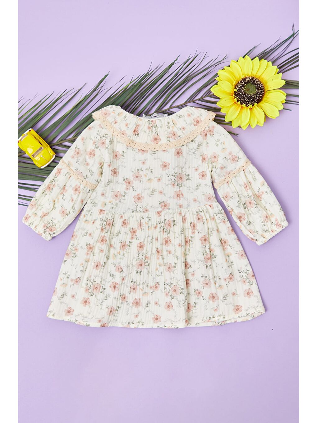 Pembe %100 Pamuk Dantelli Bebe Yaka Kız Çocuk Elbise-2