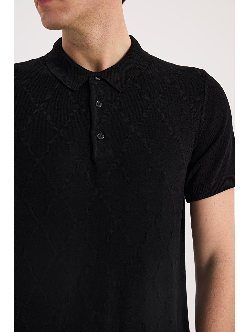 Siyah Slim Fit Desenli Triko Polo Yaka T-Shirt-2