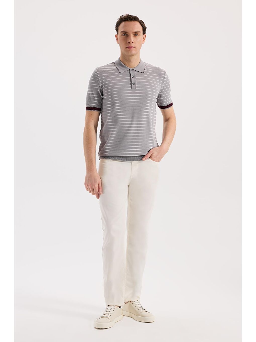 Gri Slim Fit Çizgili Rayon Polo Yaka T-Shirt-1