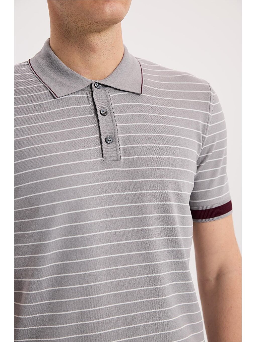 Gri Slim Fit Çizgili Rayon Polo Yaka T-Shirt-2