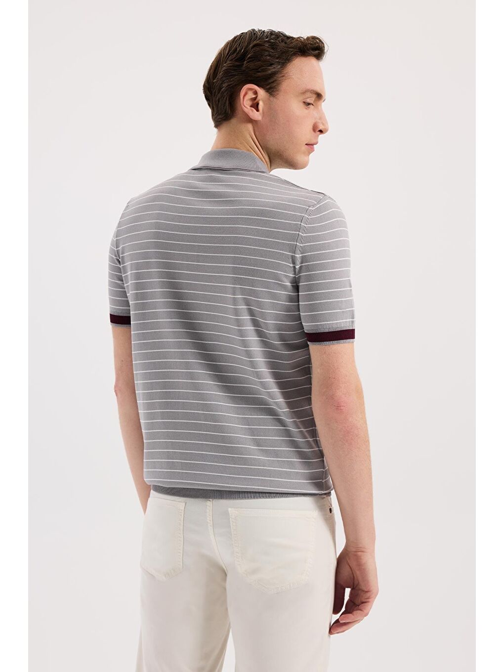 Gri Slim Fit Çizgili Rayon Polo Yaka T-Shirt-3