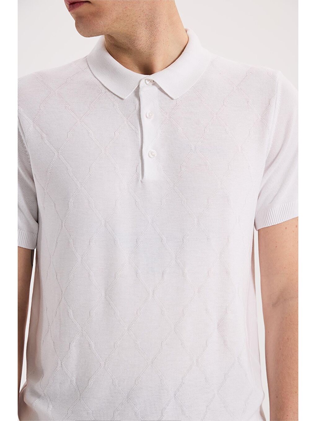 Beyaz Slim Fit Desenli Triko Polo Yaka T-Shirt-2
