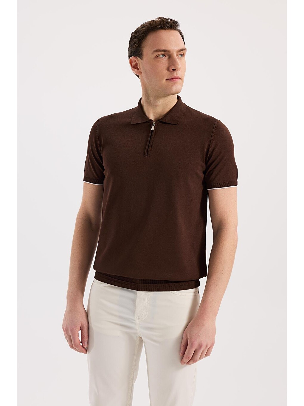 Kahverengi Kahve Slim Fit Triko Fermualı Polo Yaka Tişört-1