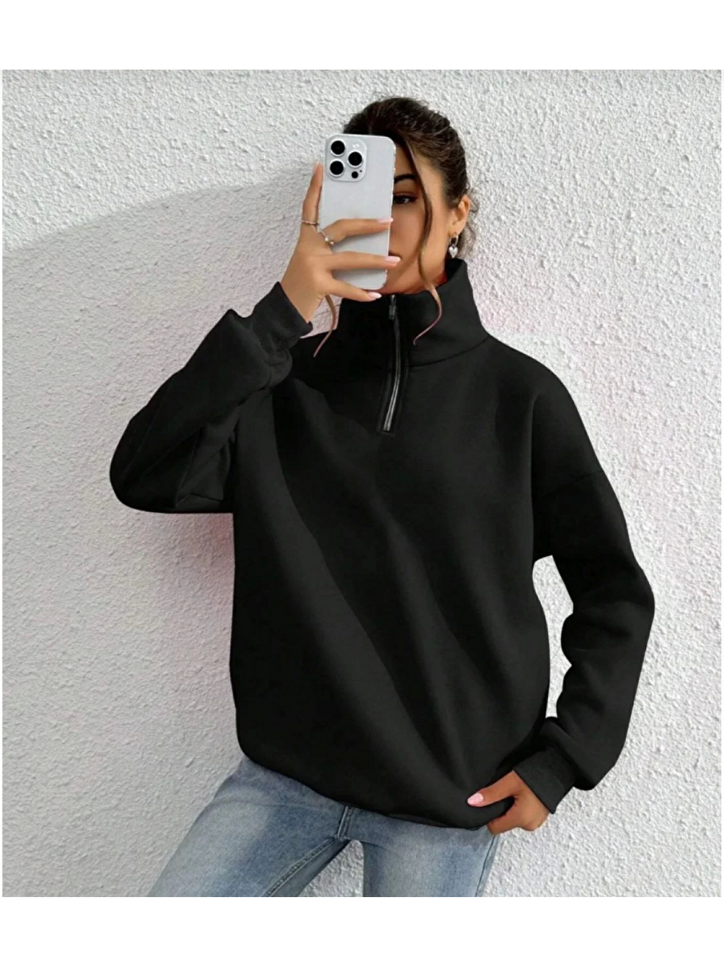 Unisex Uzun Kol Yarım Farmuarlı Yakalı Basic Sweatshirt - Siyah-3