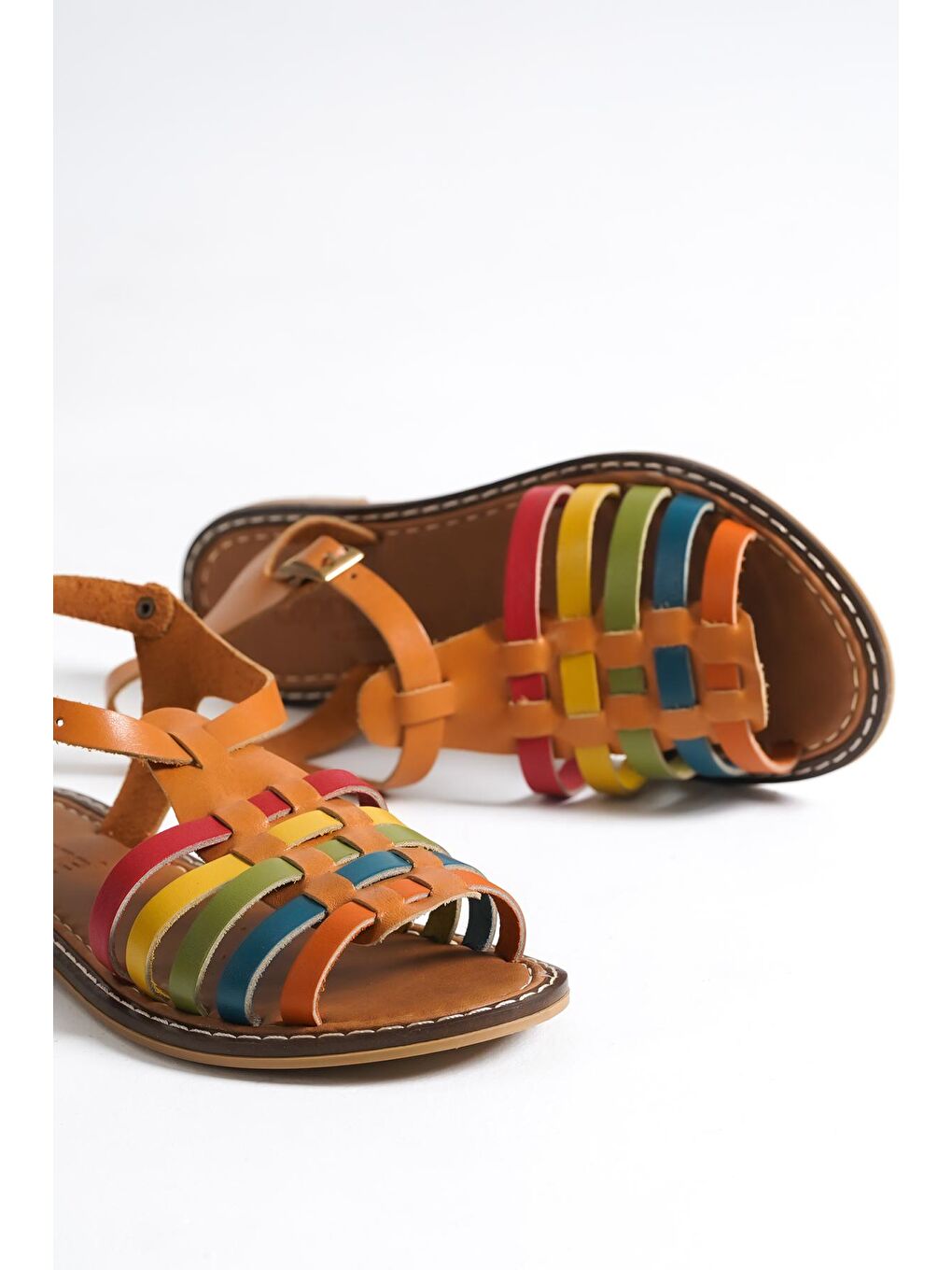 Karışık Yuvarlak Burunlu Gladyatör Bantlı Kadın Deri Sandalet-2