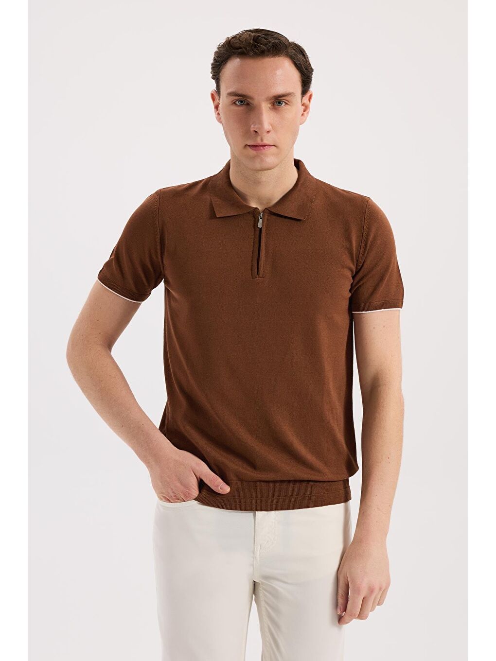 Kahverengi Kiremit Slim Fit Triko Fermualı Polo Yaka T-Shirt